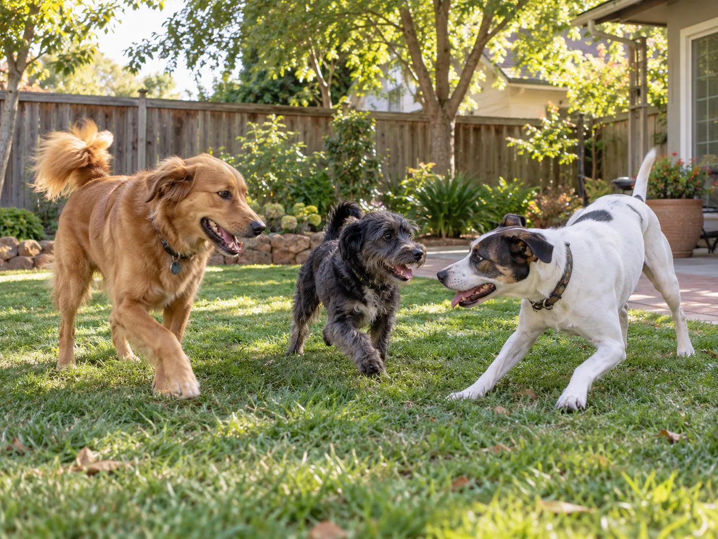 Three dogs playing gently in a fenced residential backyard