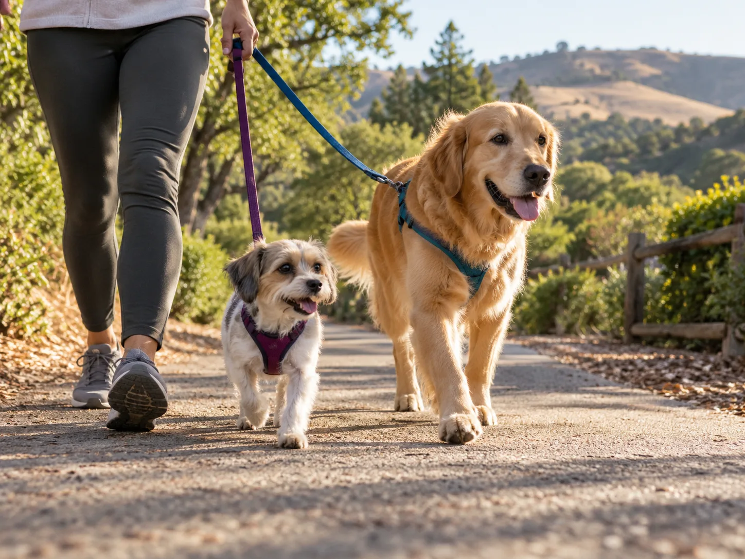 A caregiver walking a small dog and a golden retriever on a quiet East Bay trail