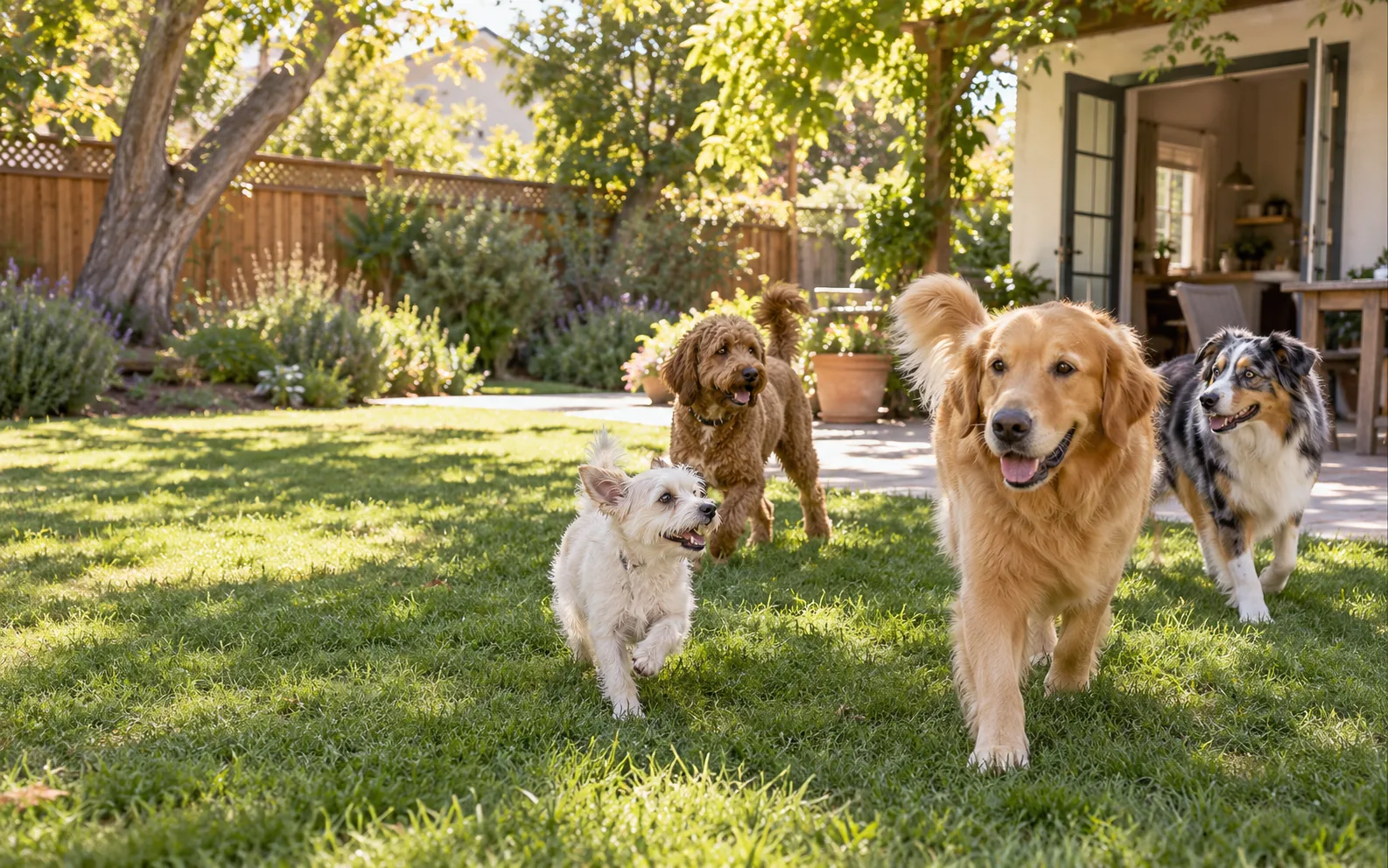 Dogs moving freely in a sunny, fenced home backyard